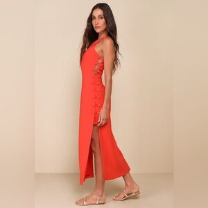 Lulus Masterfully Mod Bright Orange Side Button Midi
Dress